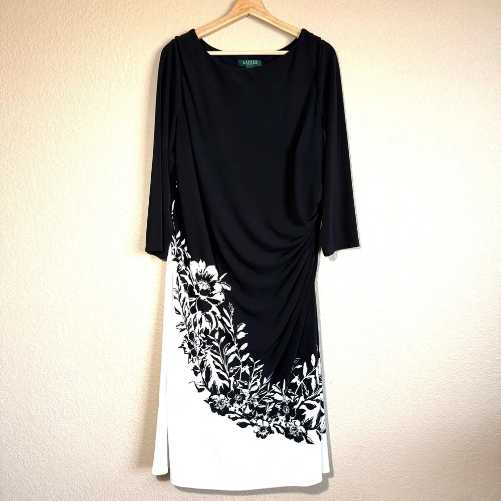 Lauren Ralph Lauren Black White Floral Sheath Women Midi Dress Sz 16W Modest - Picture 2 of 9